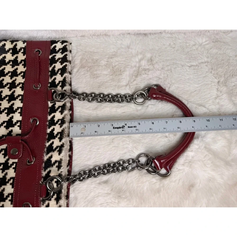 Adrienne Vittadini Houndstooth Faux Calf Hair Burgundy Patent Leather Tote Bag